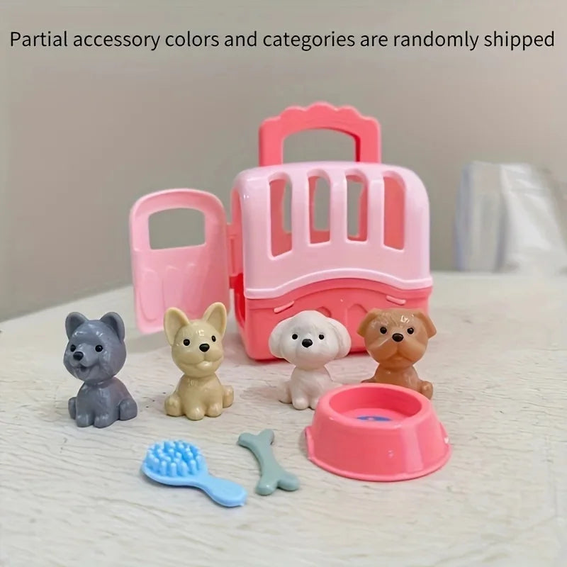 Mini Pet Doll House Toy Set with Dog Basket Simulation Animal Figures for Kids Toddlers Christmas Birthday Gifts for Girls Boys