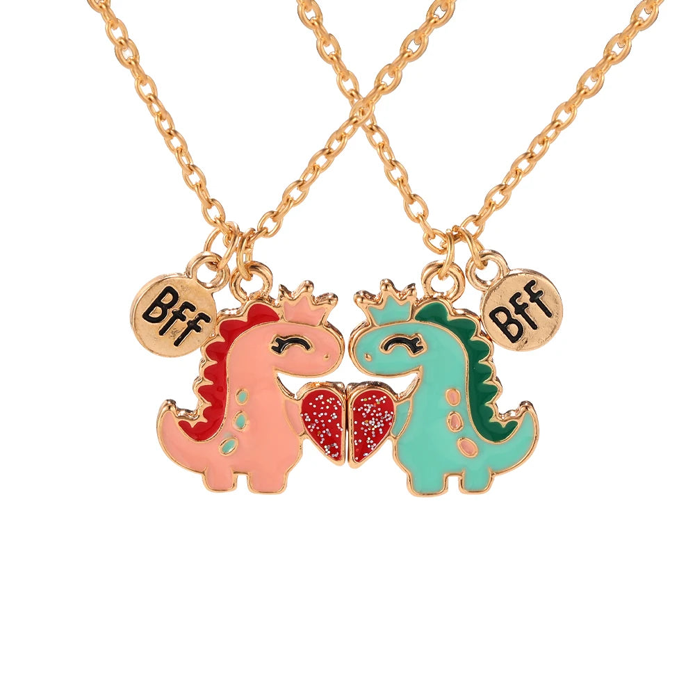 2Pcs/Set BFF Charms Pink Blue Cartoon Dinosaur Heart Design Necklace Cute Lovers Couple Valentine's Day Jewelry Gift