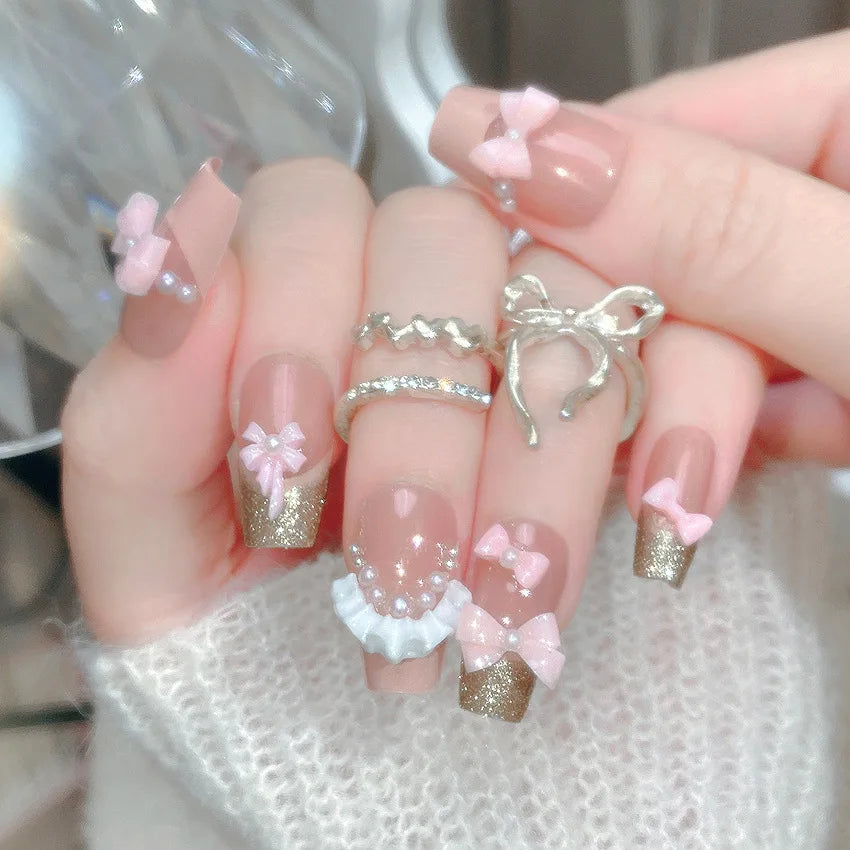 Blush Pink False Nails Bowknot Diamond Pearl Nails