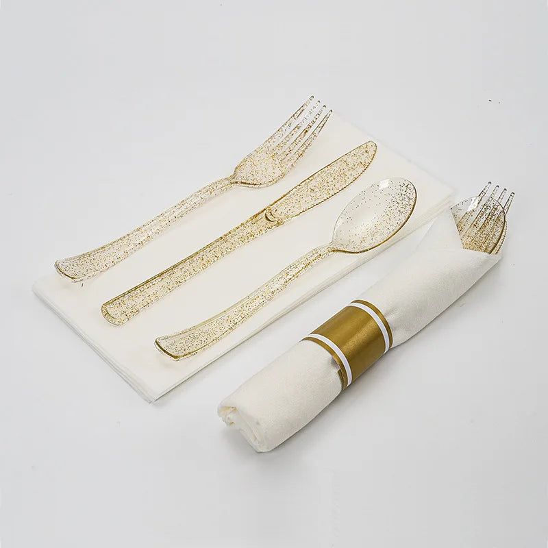 20 Pieces Western Tableware Set Plastic Transparent Gold And Silver Powder Knife Fork Spoon Tissue Tableware Set