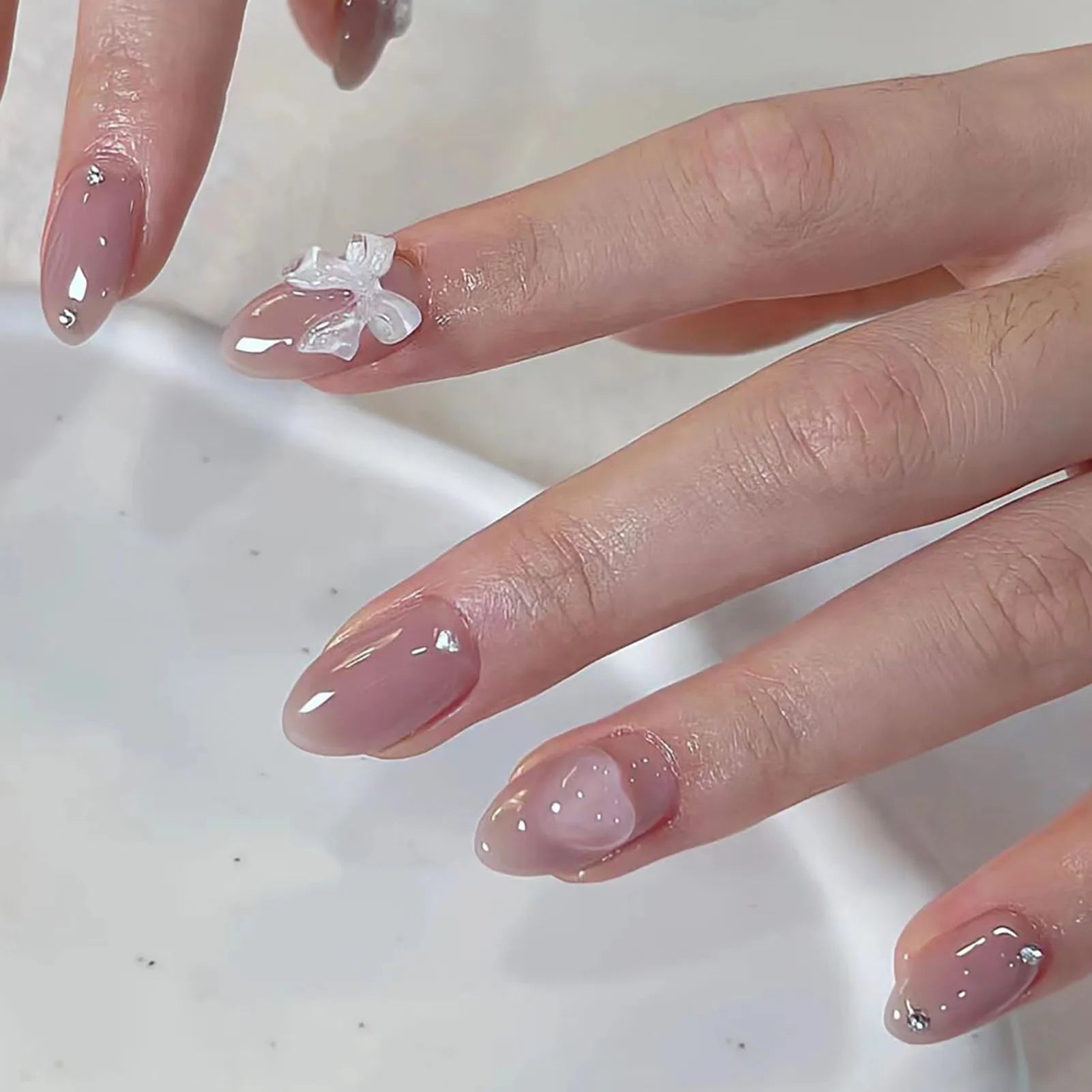 Blush Pink False Nails Bowknot Diamond Pearl Nails