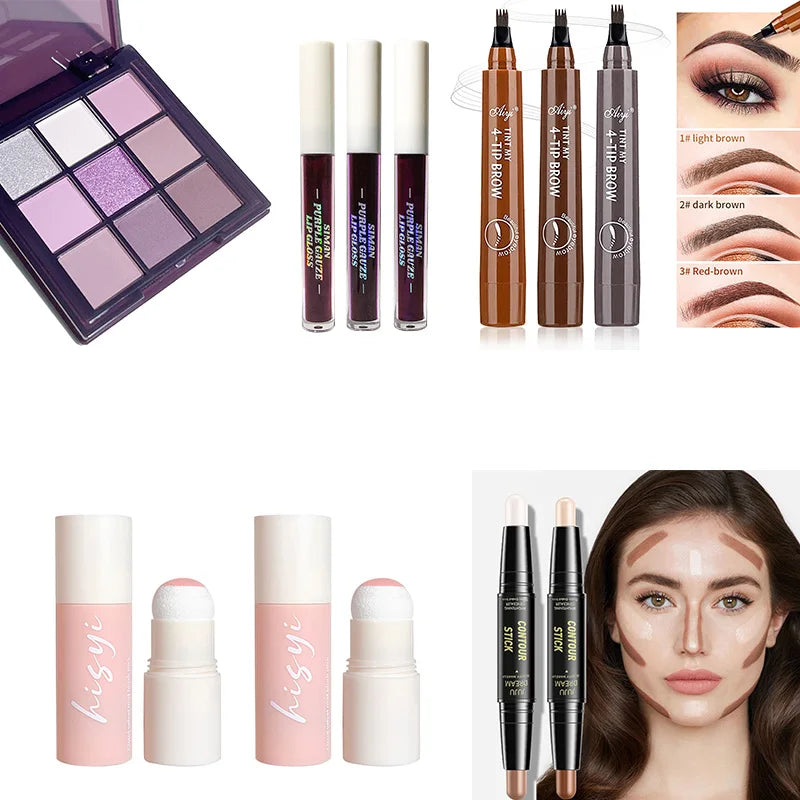 Complete Makeup Set - Includes Blush, Eyeshadow, Contour Pencil, Lip Gloss and Brow Pencil - Full Coverage Glossy (10-Pack) Kit
