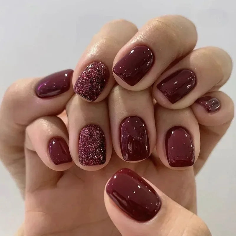 24pcs Short Square Nails Glitter Flower Wave French Nails