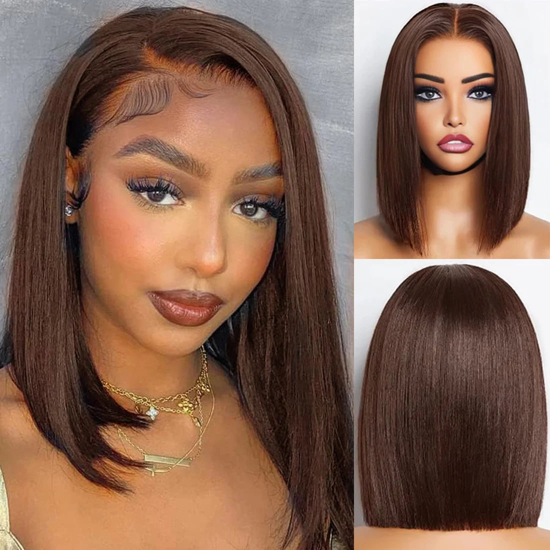 #4 Straight Bob Wig Chocolate Brown Human Hair Wigs 13x4 Transparent Lace Frontal Wig Brazilian Virgin 100% Human Hair