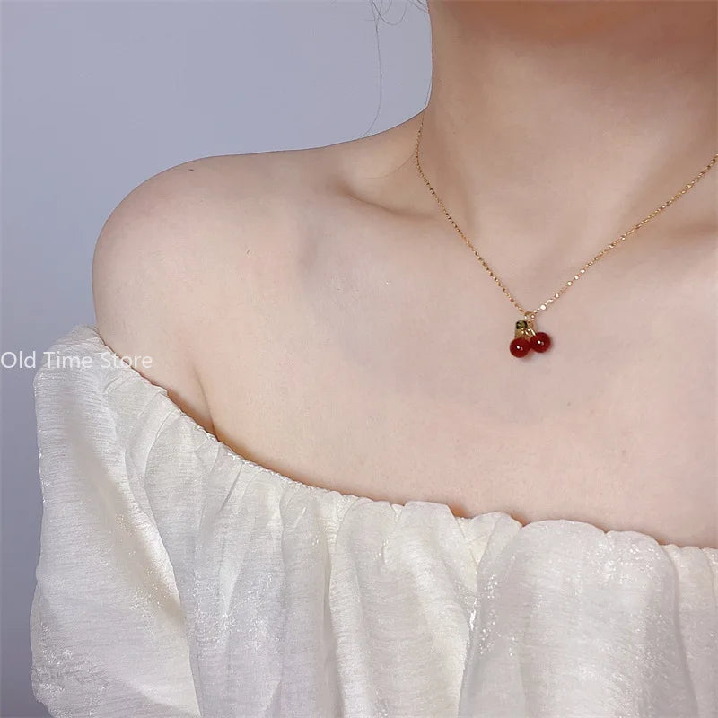 Stainless steel Cherry Necklace Natural stone beads pendant chain necklace Women's fashion wedding jewelry birthday gift