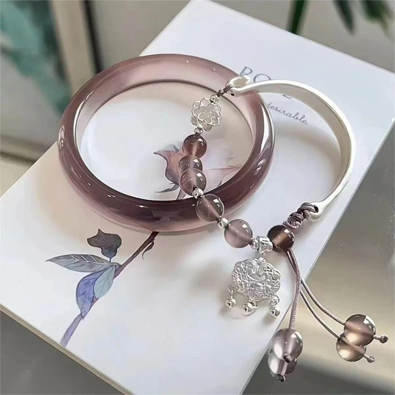 Translucent Resin Bangle for Women Chinese Style Tassel Bells Bracelet Crystal Beads Chain Bracelet Silver Color Alloy Jewelry