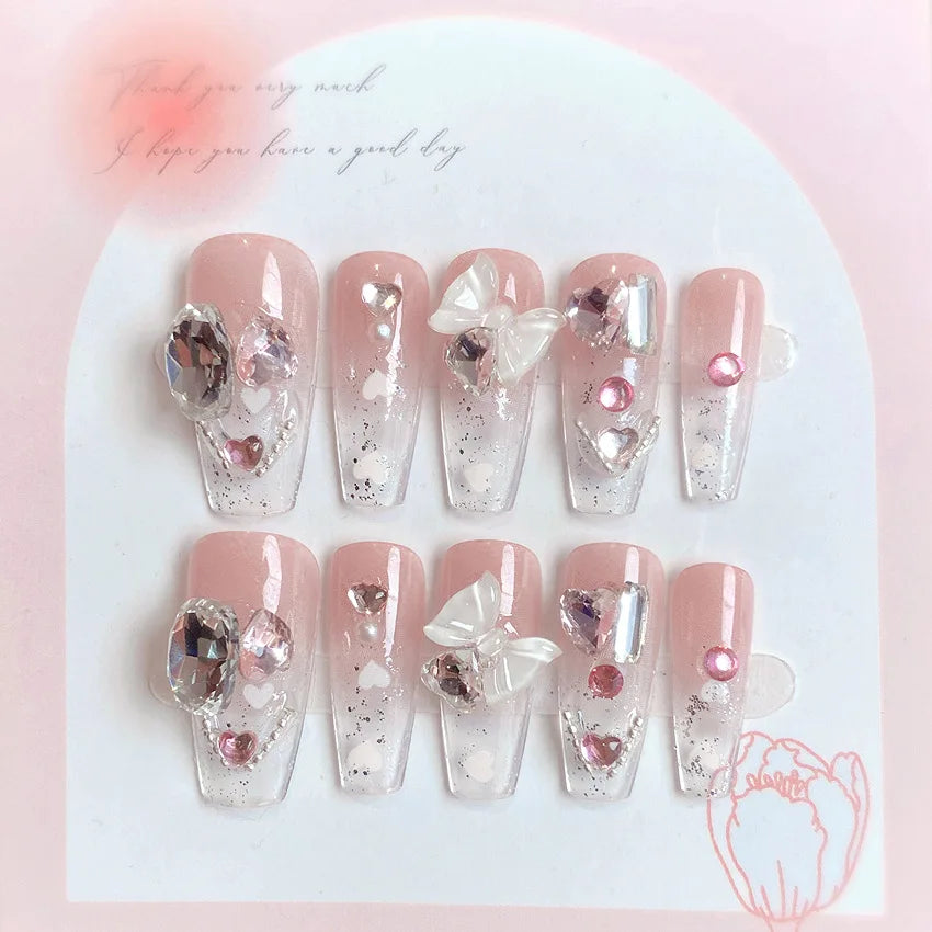 Blush Pink False Nails Bowknot Diamond Pearl Nails