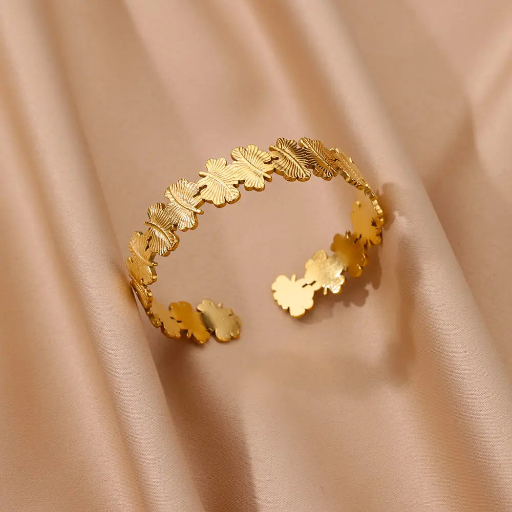Vintage Flower Cuff Bracelet Bangle for Women Gold Color Flora Stainless Steel Bangles Casting Aesthetic Couple Wrist Jewelry