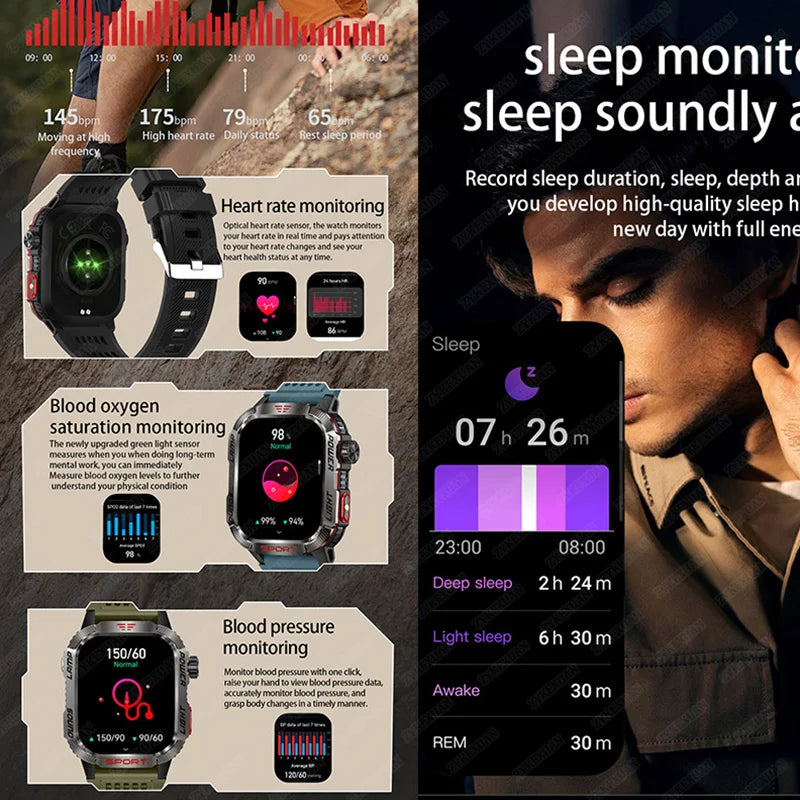 New outdoor Military Smart Watch Men Flashlight
