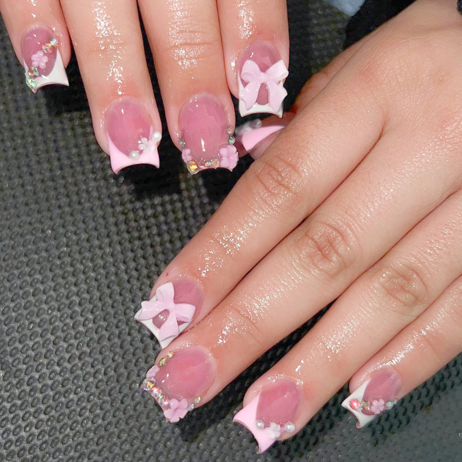 Blush Pink False Nails Bowknot Diamond Pearl Nails