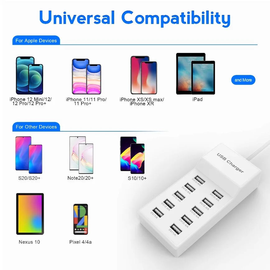 10-Port USB Charger Station Rapid Charging with Auto Detect Tech Safety Guaranteed Smart Ports for Phones Tablets More Devices.