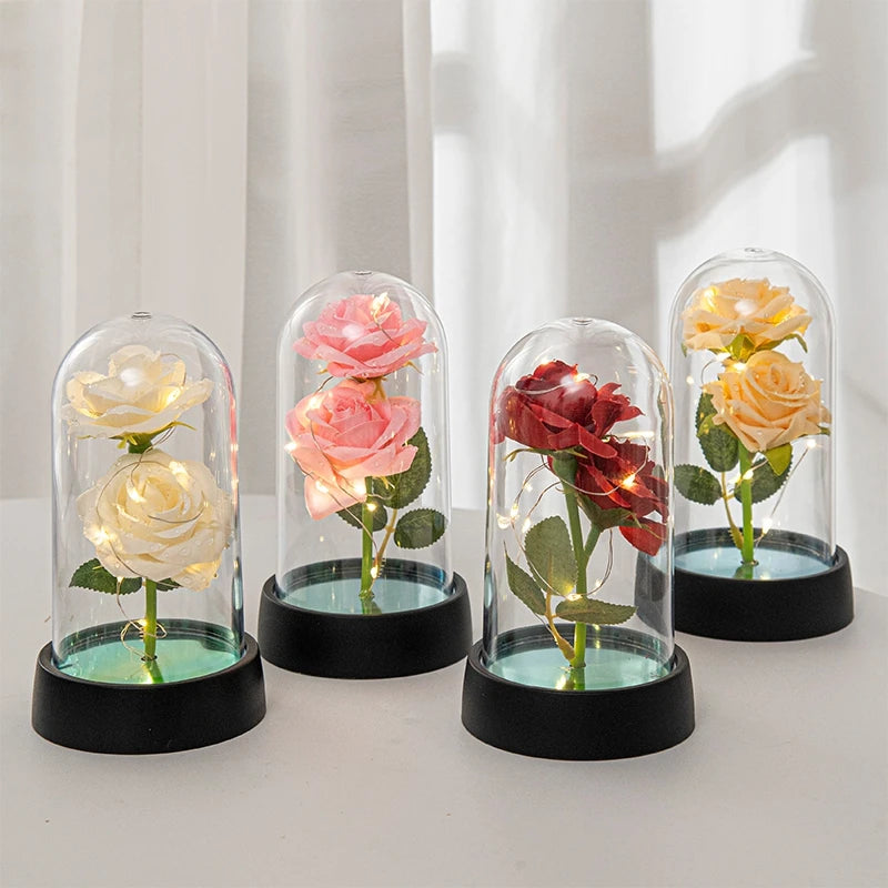 Christmas Valentine's Day Gifts Eternal Rose Flowers in Glass Cover Simulation Rose Flower Desktop Ornament For Girlfriends