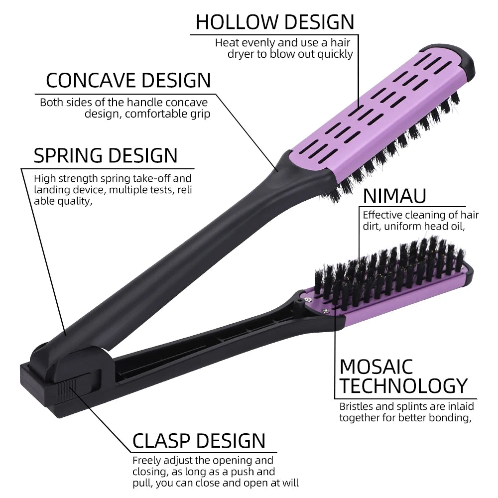 Professional V-Shape Hair Straightening and Curling Brush - High-Temperature Pure Boar Bristle Multi-Functional Styling Comb