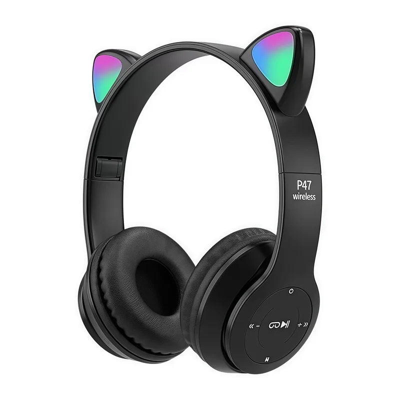 P47M Wireless Bluetooth Headset Gamer Cat LED Light Foldable Noise Cancelling