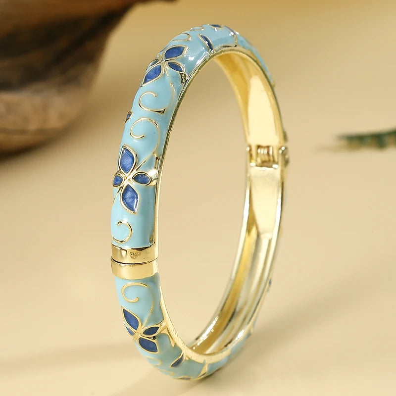 FTCY Flower Pattern Enamel Cloisonne Bracelet For Women Retro Gold Color Plated Bangles for Girls Women Jewelry Gifts