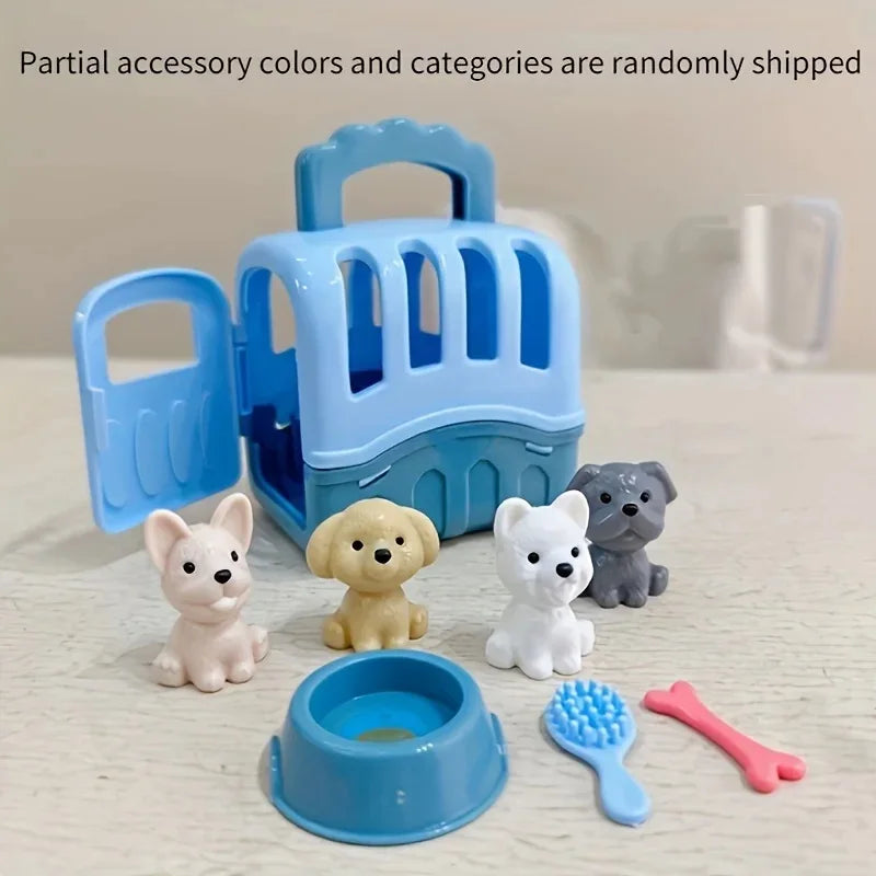 Mini Pet Doll House Toy Set with Dog Basket Simulation Animal Figures for Kids Toddlers Christmas Birthday Gifts for Girls Boys