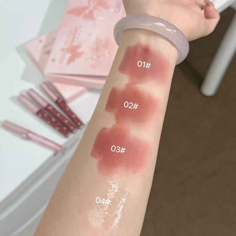 QIBEST New Feather Butterfly Soft Color Lip Makeup Kit Include 3*Matte Liquid Lipstick And 1*Lip Oil Cosmetics Set With Necklace Cosmetics