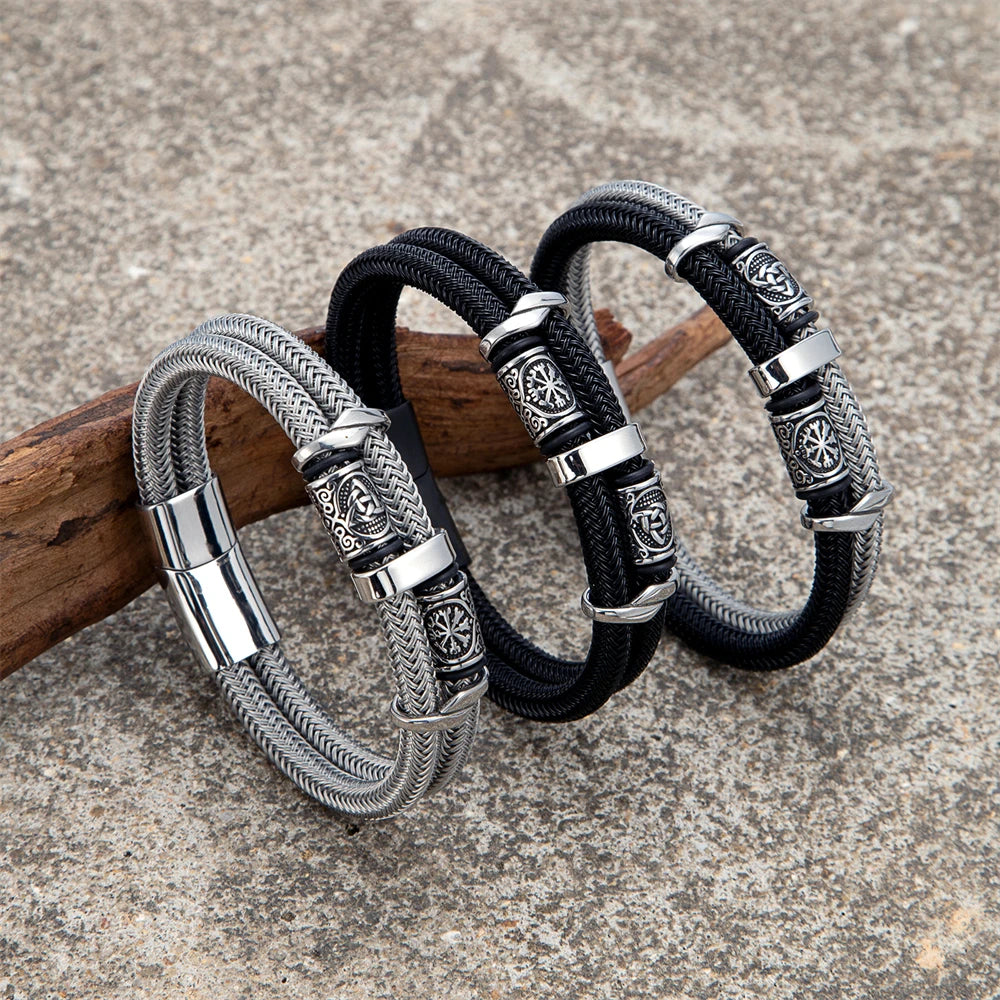 Norse Runes Double-Layer Unfading Steel Wire Rope Bracelets Men Stainless Steel Vikings Bangles Charm Couple Jewelry Male Gifts