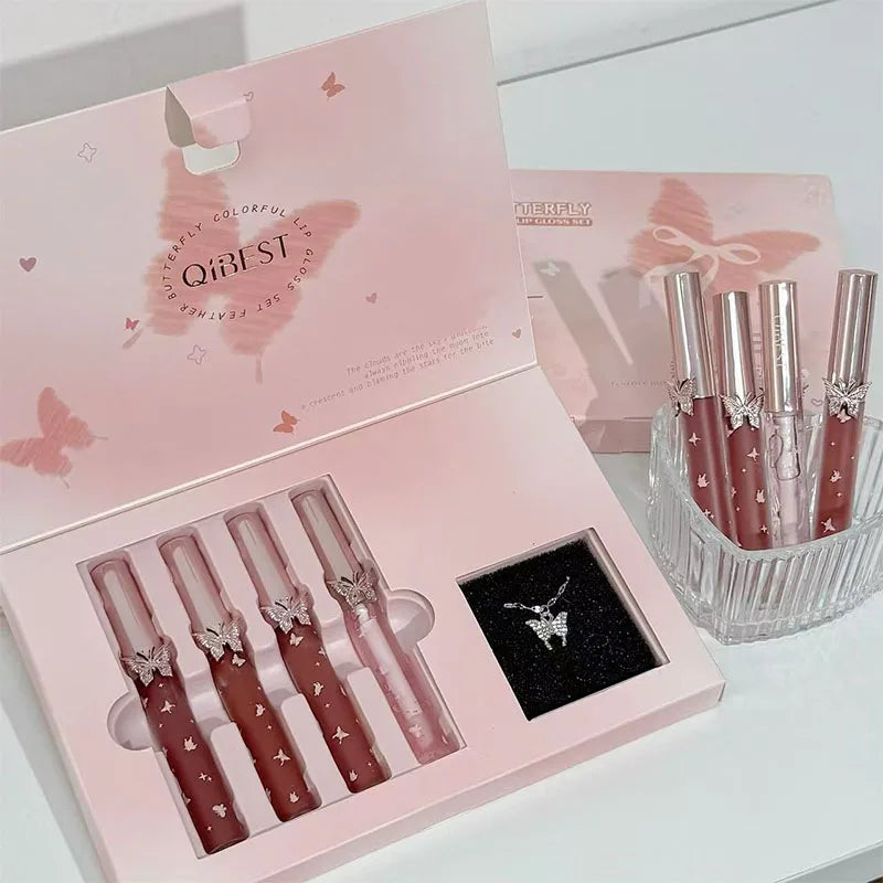 QIBEST New Feather Butterfly Soft Color Lip Makeup Kit Include 3*Matte Liquid Lipstick And 1*Lip Oil Cosmetics Set With Necklace Cosmetics