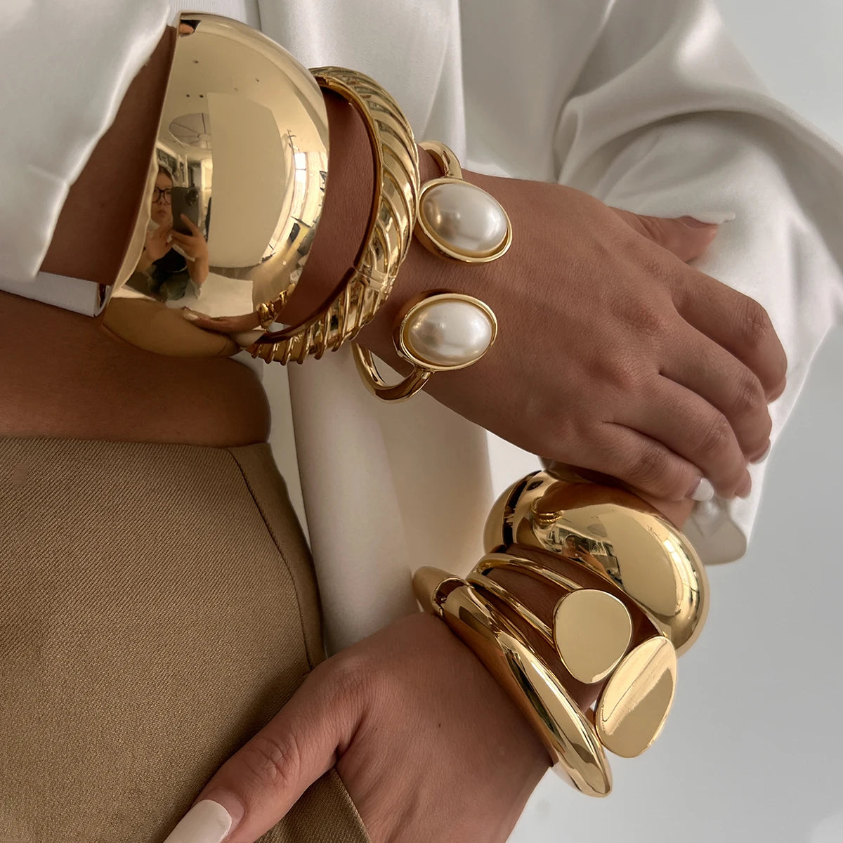 KunJoe 6 Styles Geometric Gold Color Cuff Spring Bangles for Women Vintage Metal Chunky Wide Hand Bracelets Fashion Jewelry Y2K