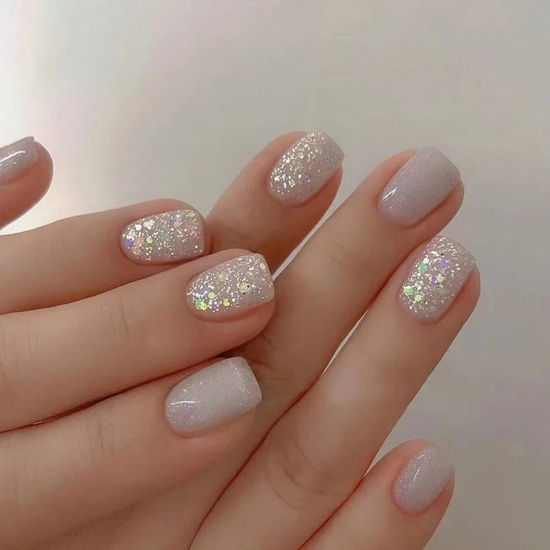 24pcs Short Square Nails Glitter Flower Wave French Nails