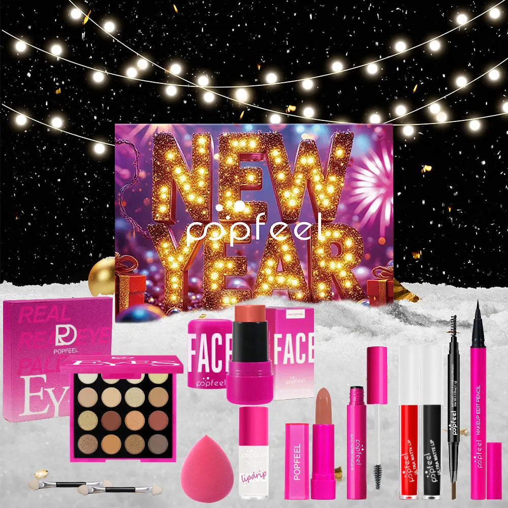 POPFEEL 12-Piece New Year Makeup Set – 2026 Edition cosmetics with Eyeshadow, Blush, Lipstick & Gloss, Mascara, Eyebrow Pencil, Eyeliner.