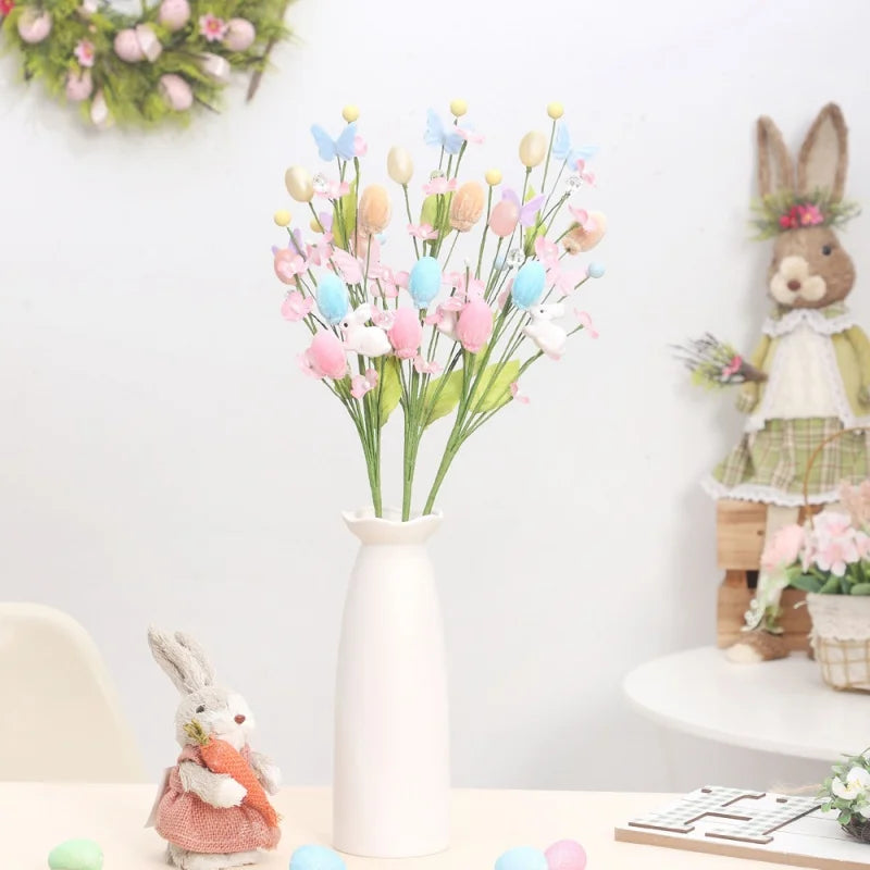 Easter Flower Spring Floral with Easter Egg Rabbit Statue Fake Twig Branches Easter Vine Stems for DIY Holiday Vase Decor