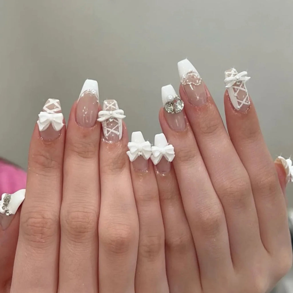 Blush Pink False Nails Bowknot Diamond Pearl Nails