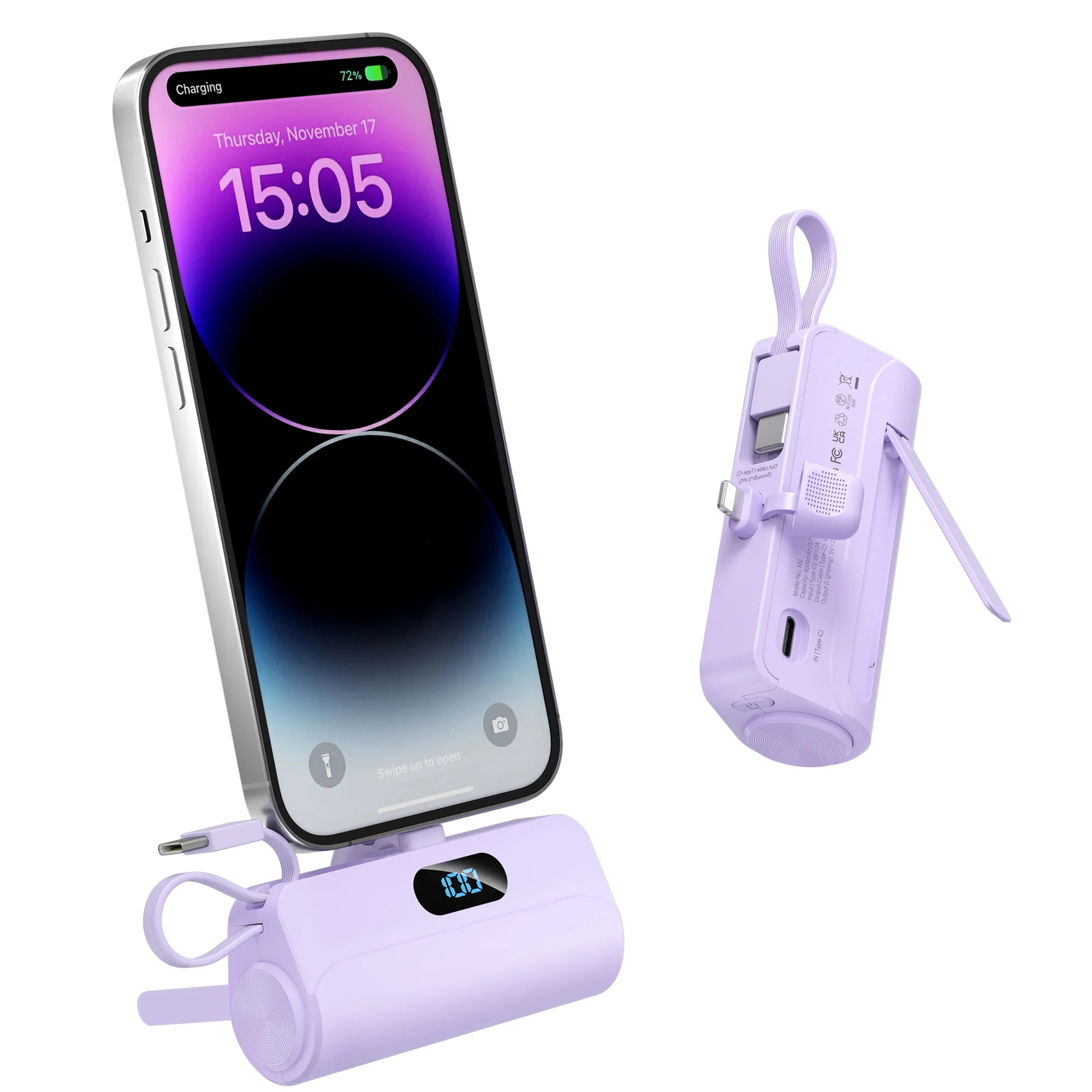 Battery Pack Mini Portable Charger 5000mAh PowerBank,Built-in ioS Interface & USB-C Cable Cell PhonePortable Power, LED Display