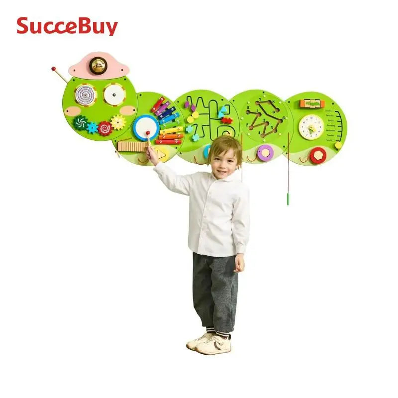 SucceBuy Caterpillar Children Wall Busy Board 12 Activities Montessori Sensory Learning Center for Kids 3-12 Years Playroom Toys