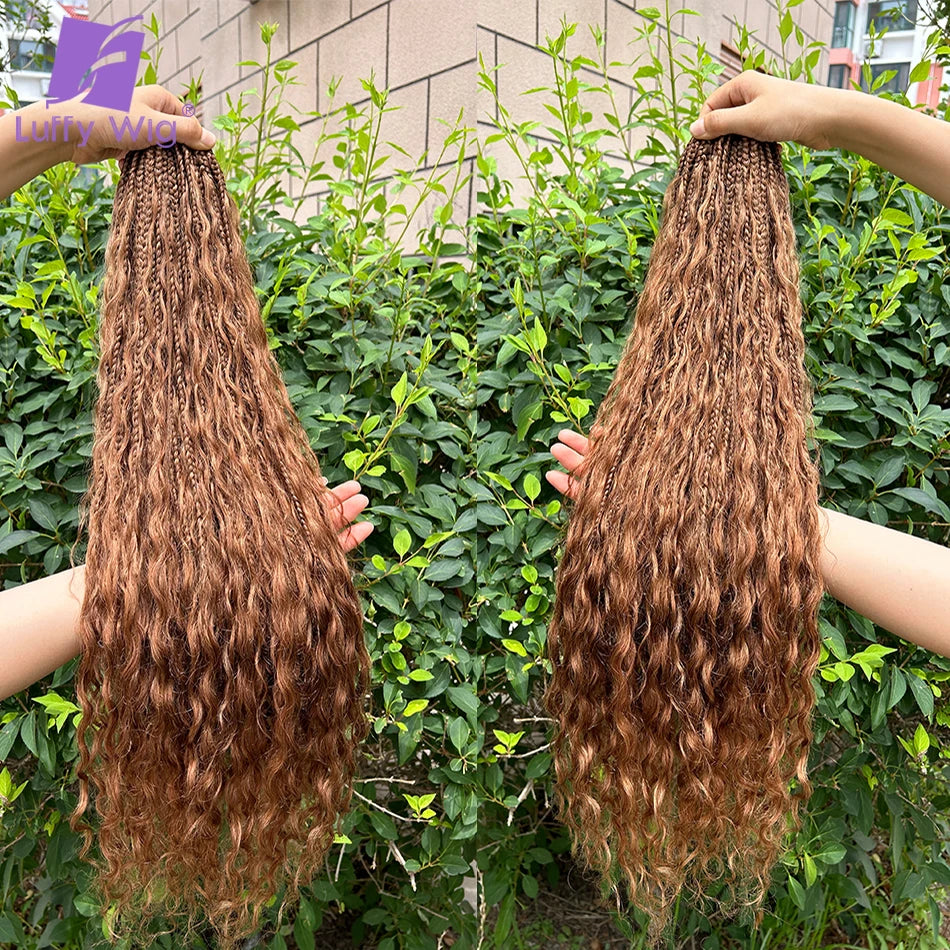 Crochet Boho Box Braids #30 Color Brown Human Hair Curly Full Ends With Pre Looped Braiding Goddess Hair Extensions For Women