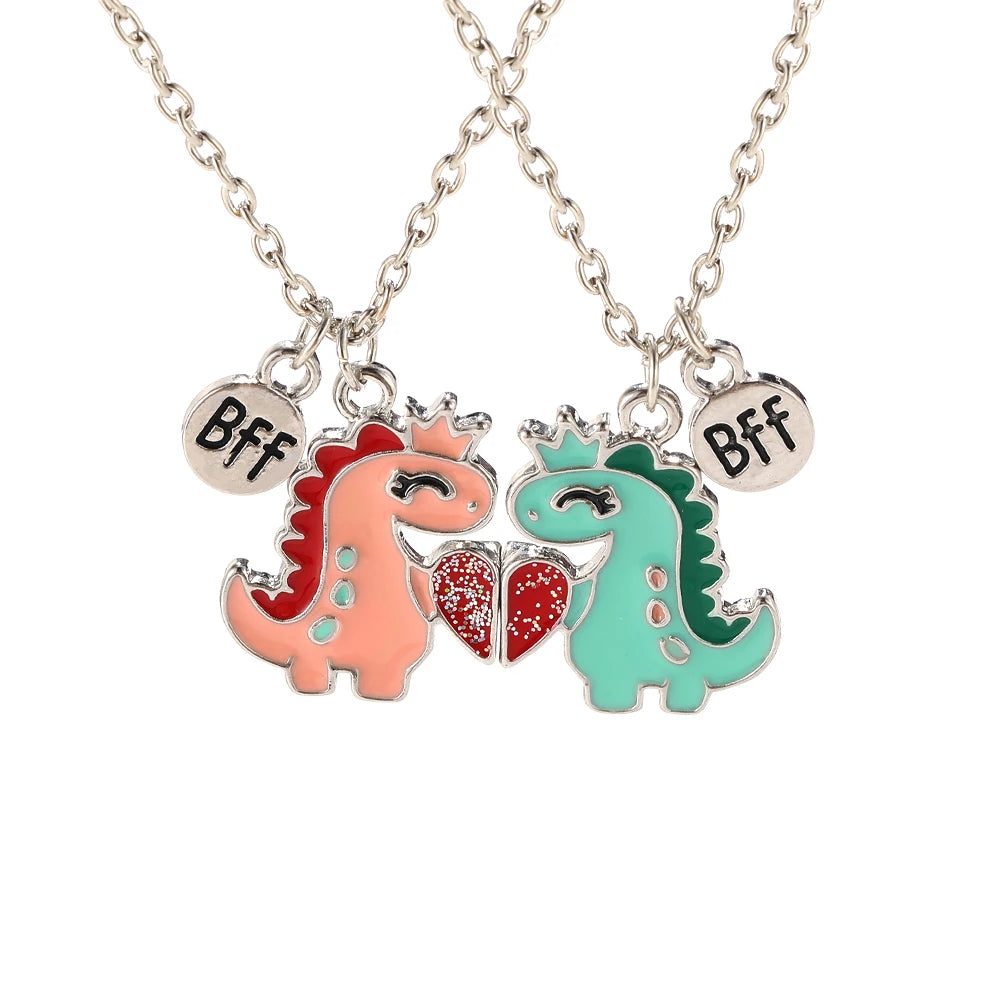 2Pcs/Set BFF Charms Pink Blue Cartoon Dinosaur Heart Design Necklace Cute Lovers Couple Valentine's Day Jewelry Gift