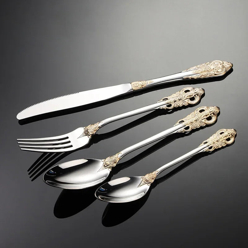 Palace Series Stainless Steel Cutlery Sets Western Food Knives Forks Spoons Teaspoon Luxury Golden Tableware Home and Kitchen
