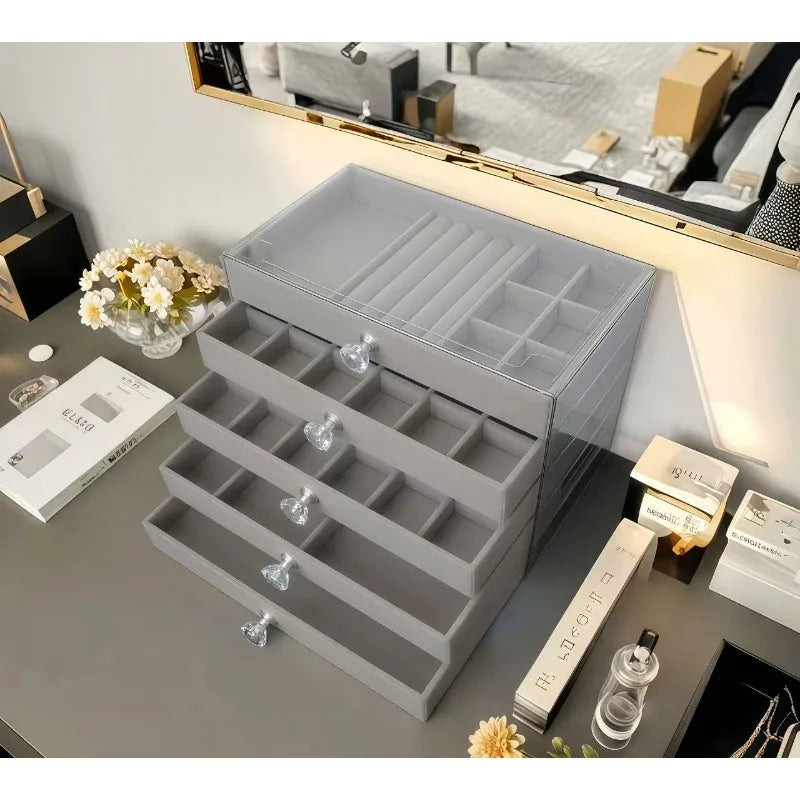 New 5 Layers Exquisite Gray Jewelry Box Earrings Ring Drawer Type Storage Box Large Capacity Anti-oxidation Jewelry Box