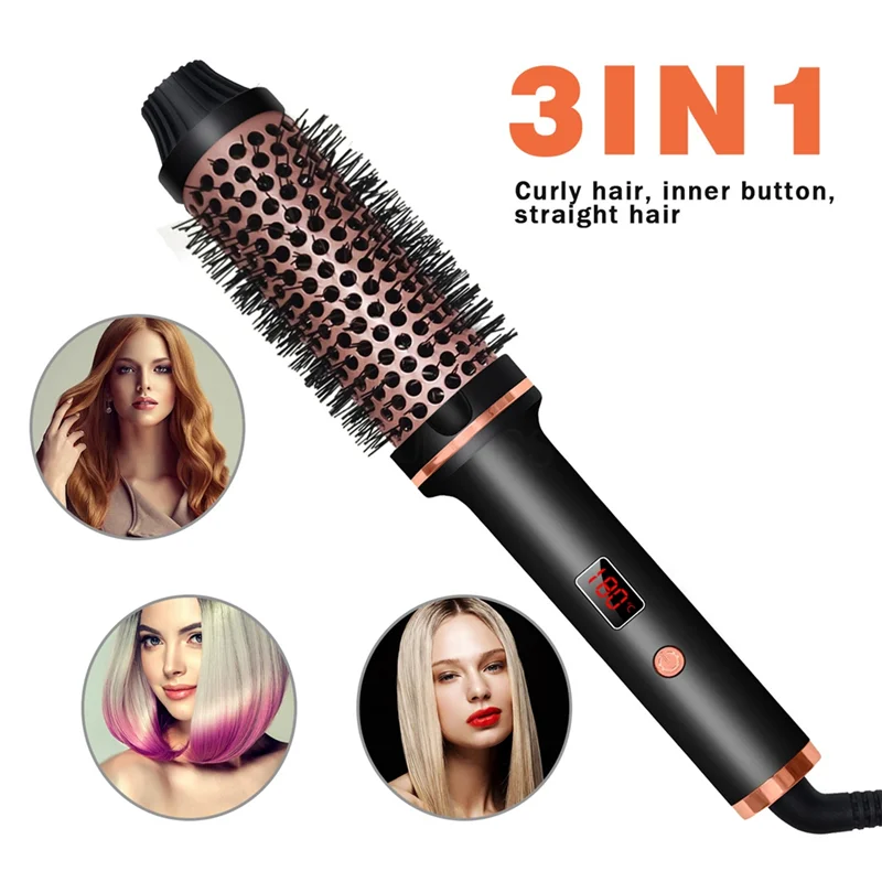 A44Z-3In1 Ionic Hair Curler Straightener Professional Curling Iron Heated Hair Styling Brush Anti-Scald Thermal Brush