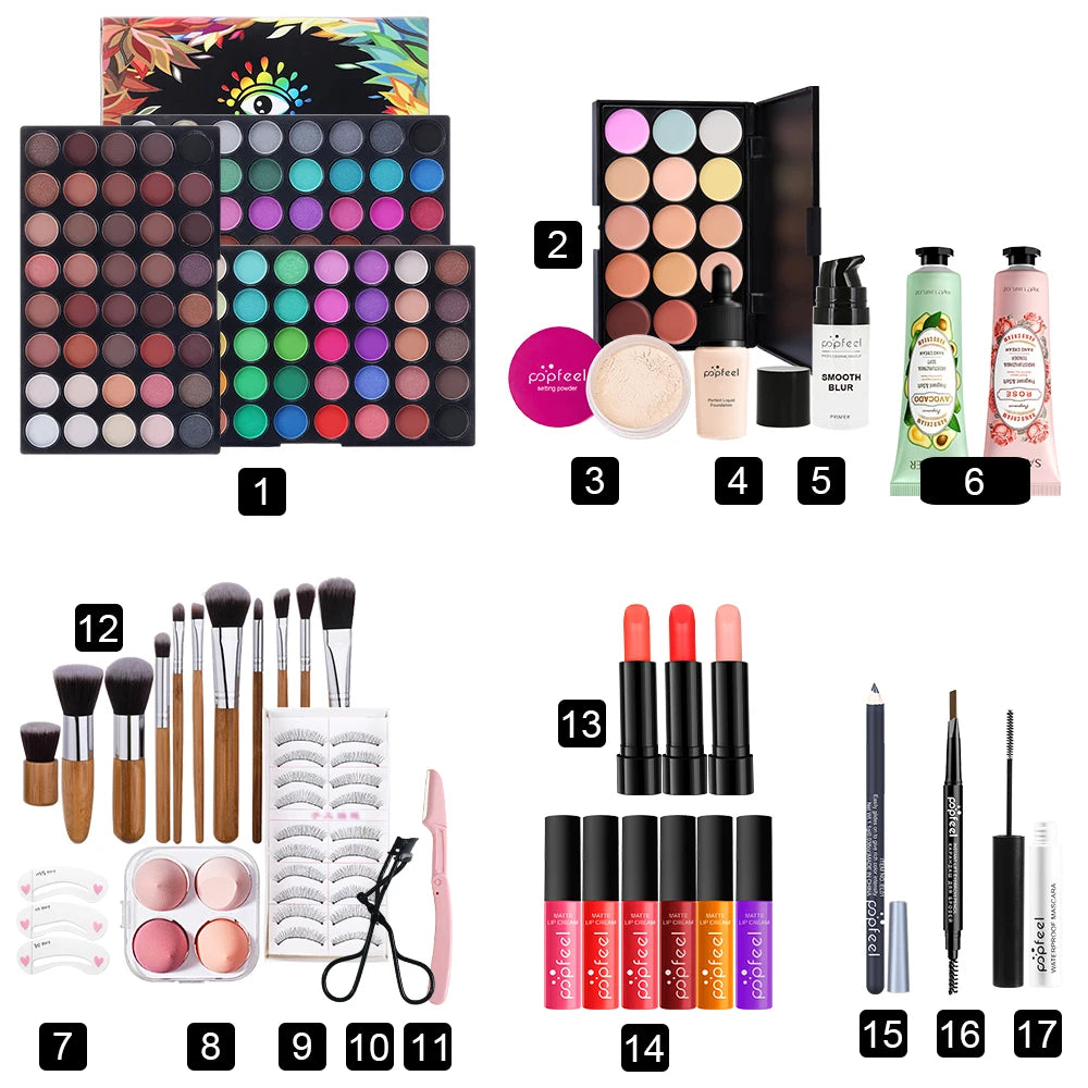 POPFEEL Multifunctional Women’s Makeup Set-Complete Beginner -Friendly Cosmetic Kit with Eyeshadow Palette, Lipstick, Hand Cream