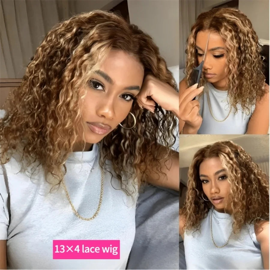 Deep Culry Highlight 4/27 Color 100% Human Hair 16Inch Bob Wigs 13x4 HD Lace Frontal Bob Human Hair Wig 200%Density Remy Bob Wig