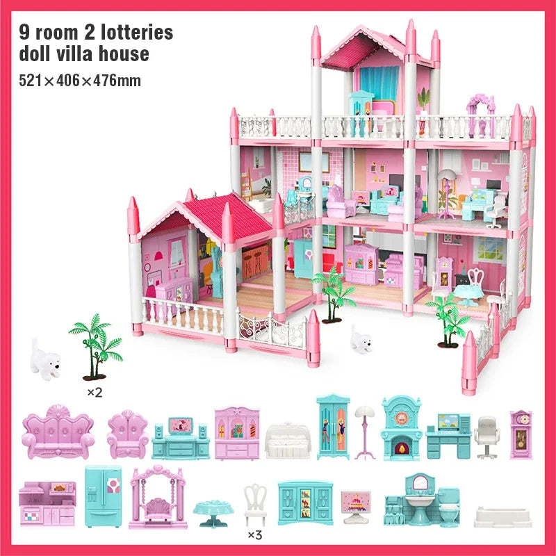 3D DIY Dream Princess Castle Villa Assembly Doll House Set Toy Girl Family Toy Children's Music Doll House Assembly Villa House