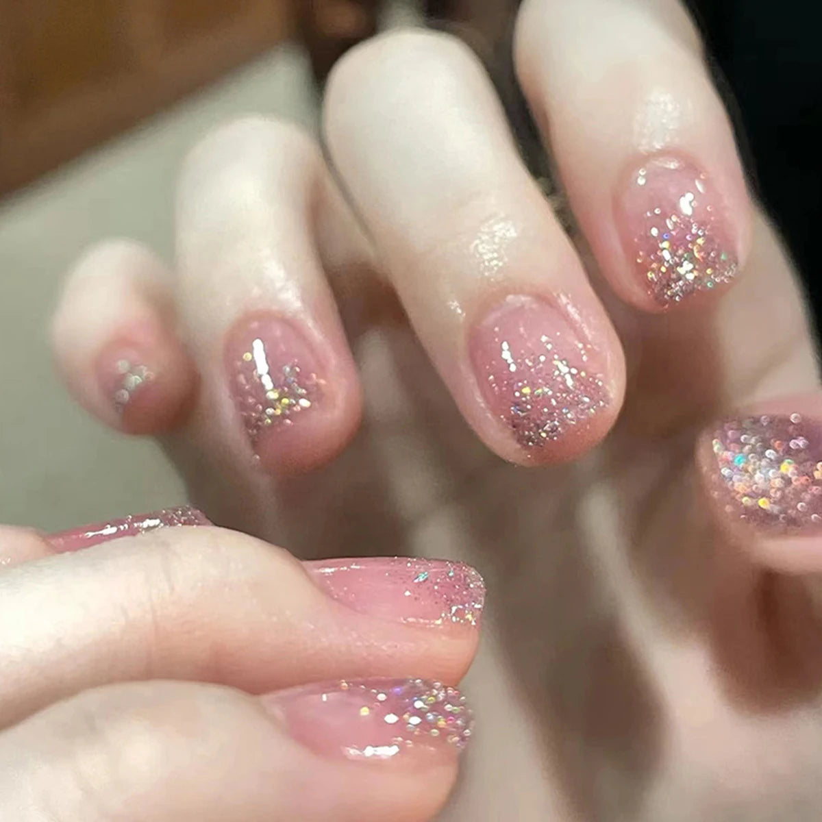 Blush Pink False Nails Bowknot Diamond Pearl Nails