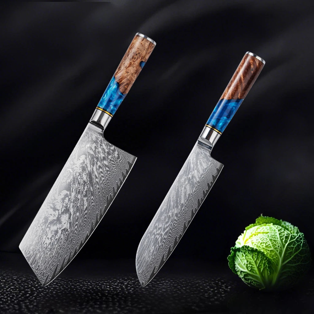 Damascus Knife Set 2 Pieces Japanese Kitchen Knife with VG10 Steel Core Blue Resin Handle Super Sharp Kitchen Chef's Knife