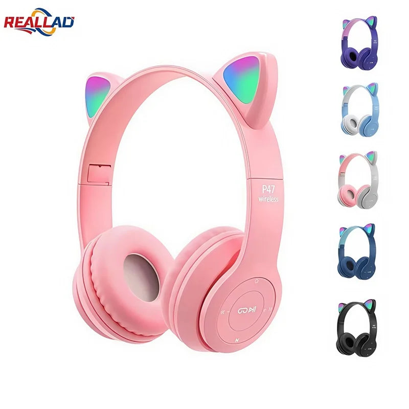 P47M Wireless Bluetooth Headset Gamer Cat LED Light Foldable Noise Cancelling