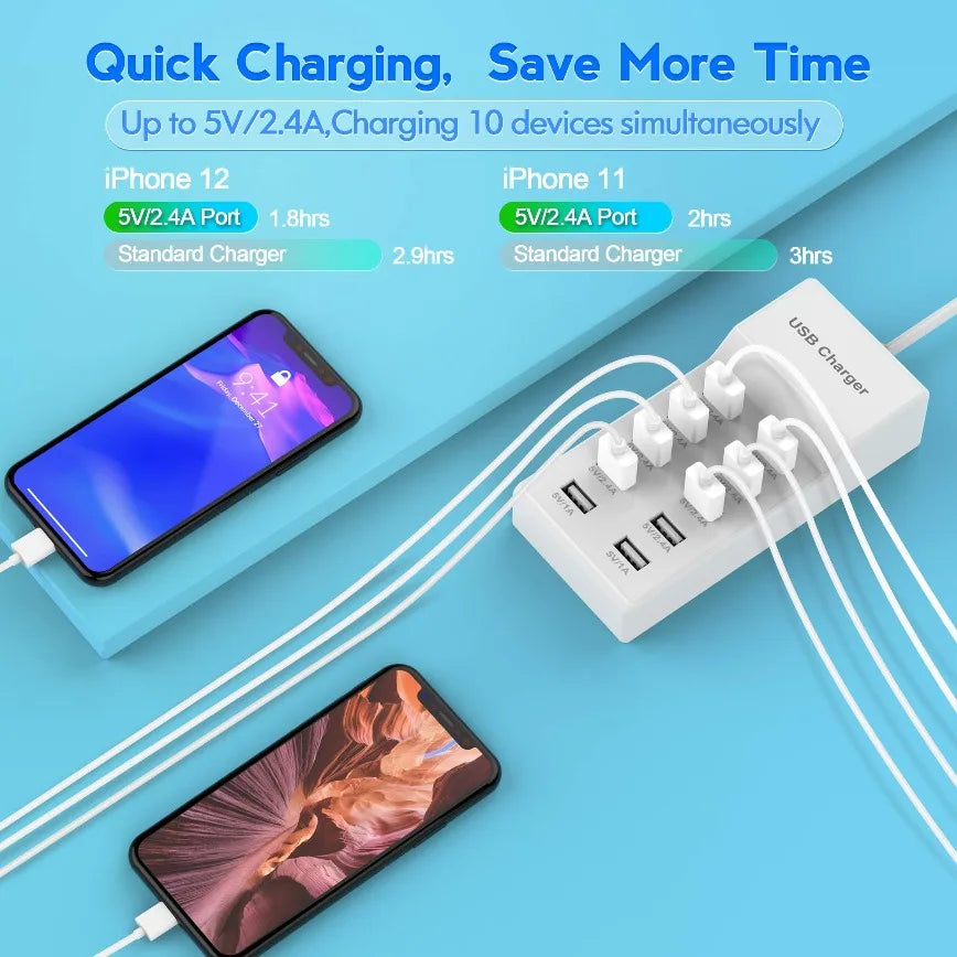 10-Port USB Charger Station Rapid Charging with Auto Detect Tech Safety Guaranteed Smart Ports for Phones Tablets More Devices.