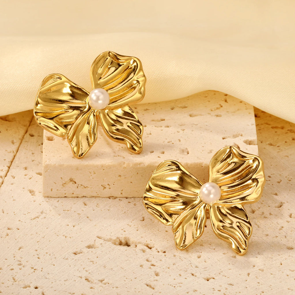 LUXUSTEEL Shell Water Drop Golden Imitaiton Pearl Women Stud Earrings Stainless Steel Heart Female Earring Elegant Jewelry Gifts