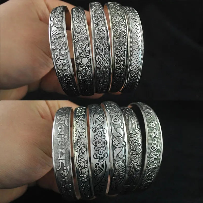New Retro Cuff Bracelets Tibetan Silver Metal Carving Fish Elephant Flower Bangles Vintage Gypsy Jewelry Female Gifts