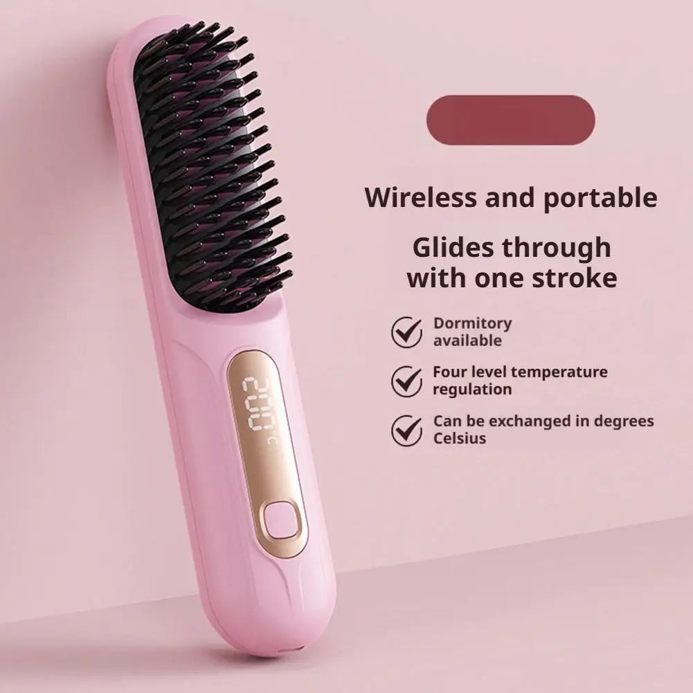 Wireless Hair Straightening Brush Rechargeable Comb For Frizz Control & Smooth Shiny Hair Portable Flat Iron Styling Tool D0G7
