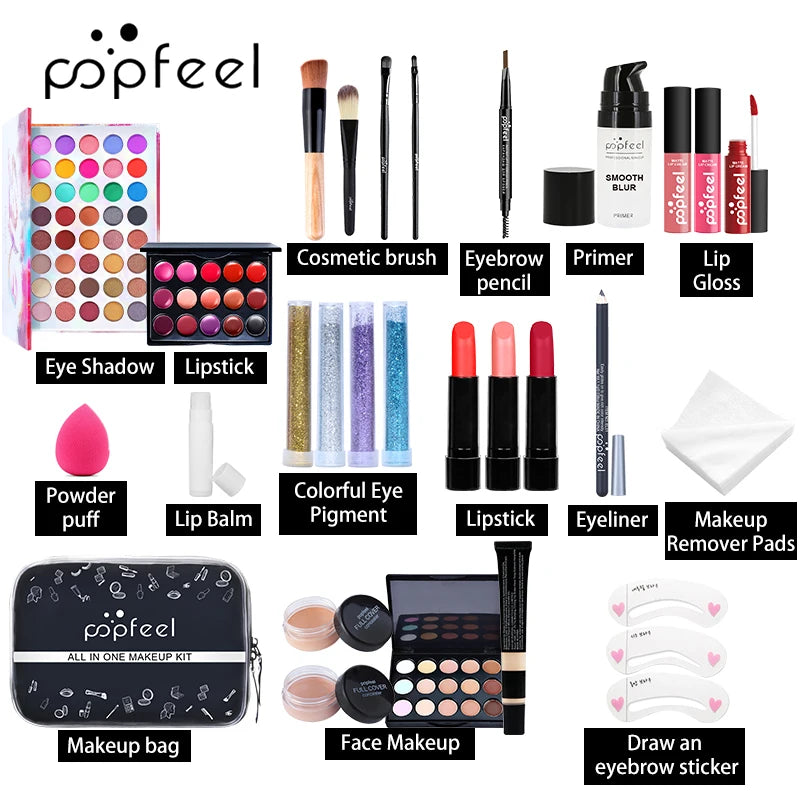 POPFEEL Complete Face Makeup Set - All-in-One Cosmetic Kit for Eyes, Face & Lips - Ideal Daily Use Make Up Set