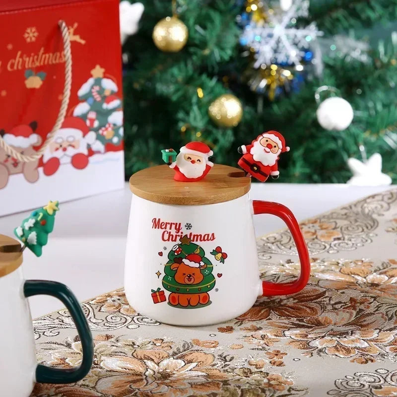 Christmas Gift Box Mug Coffee Milk Tea Breakfast Cup Festive Christmas Xmas Theme Ceramic Mug Cup Set with Lid And Spoon