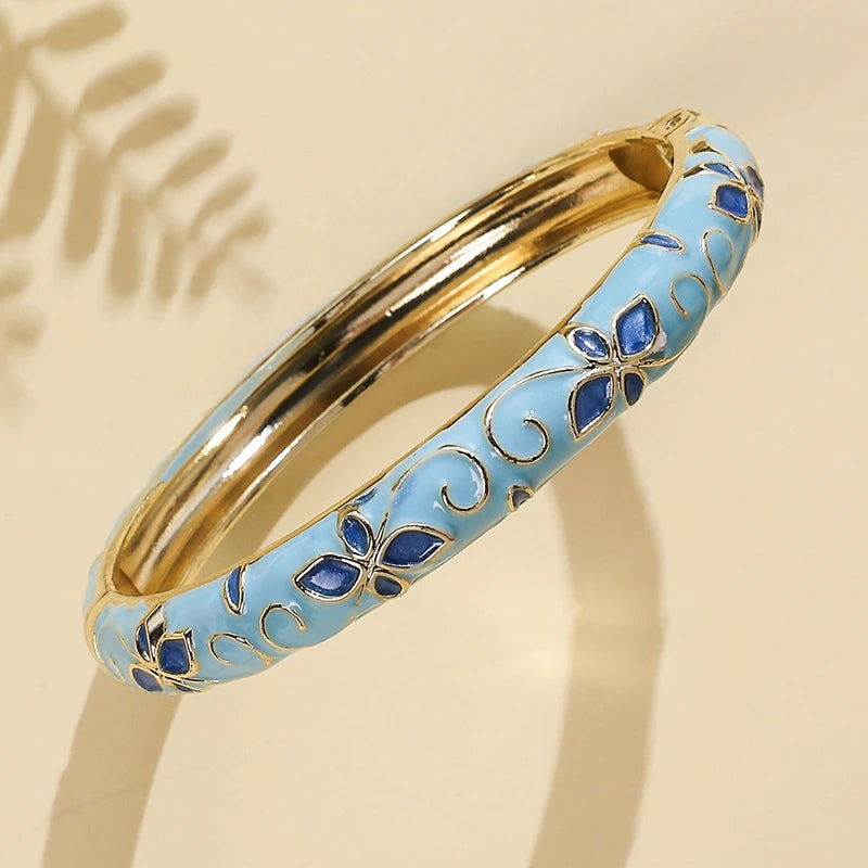 FTCY Flower Pattern Enamel Cloisonne Bracelet For Women Retro Gold Color Plated Bangles for Girls Women Jewelry Gifts