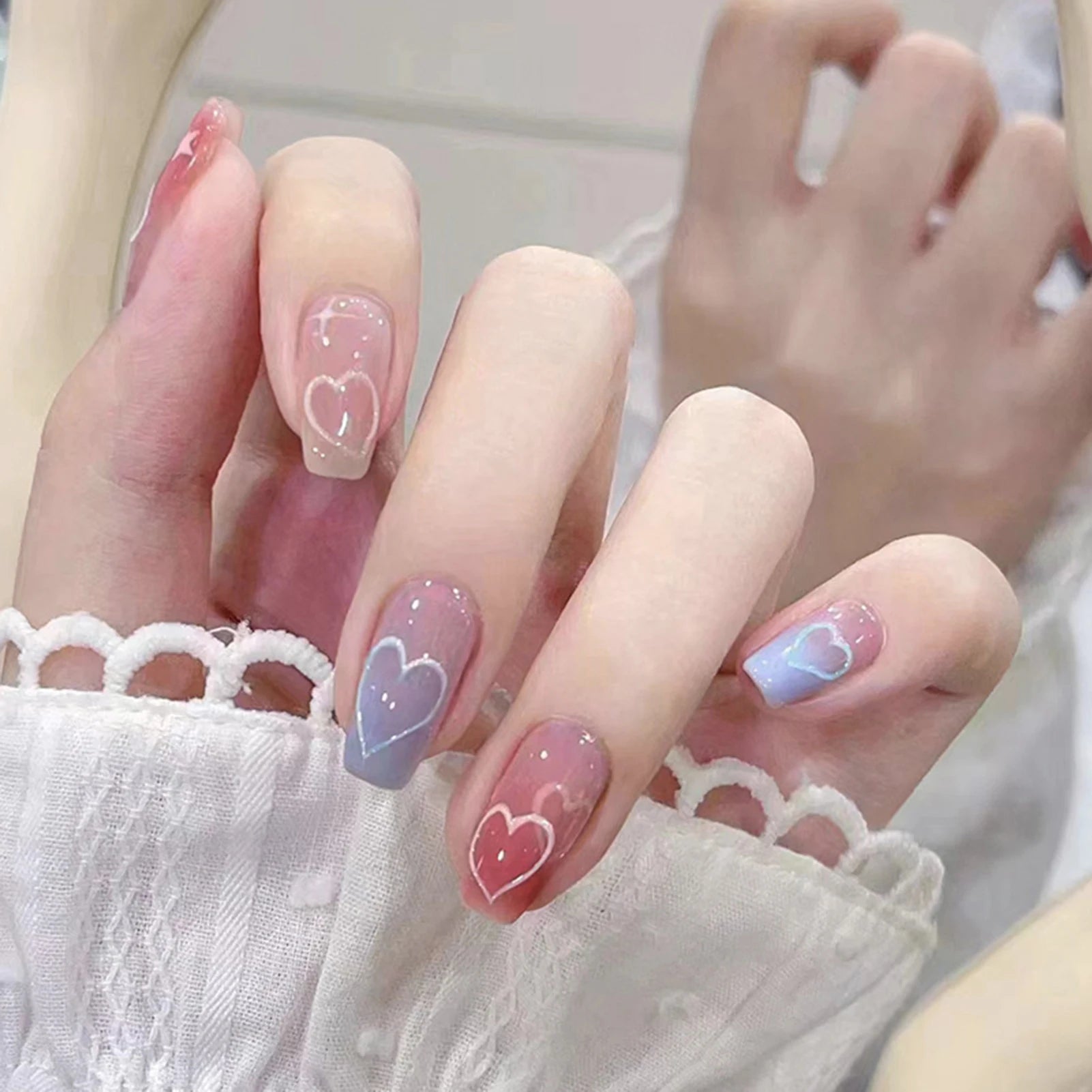 Blush Pink False Nails Bowknot Diamond Pearl Nails