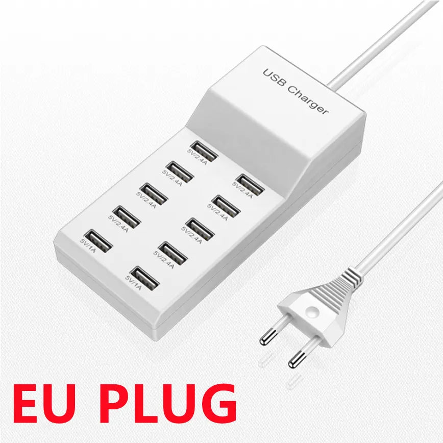 10-Port USB Charger Station Rapid Charging with Auto Detect Tech Safety Guaranteed Smart Ports for Phones Tablets More Devices.